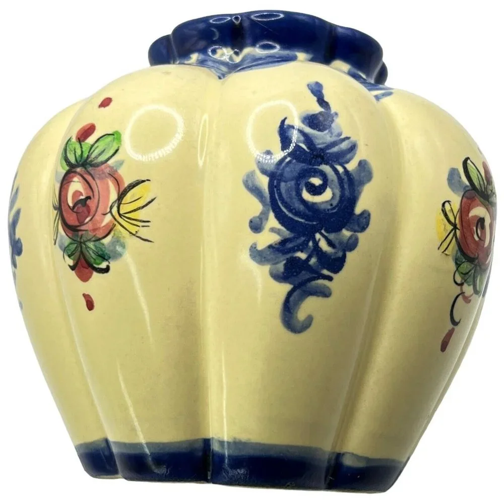 Vestal Alcobaca Vase‎ Hand Painted Blue Flowers Made In Portugal Art Pottery VTG